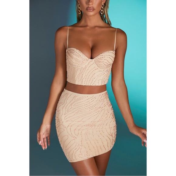 Oh Polly Martinique Embellished Asymmetrical Mini Skirt in Sand - Picture 5 of 11